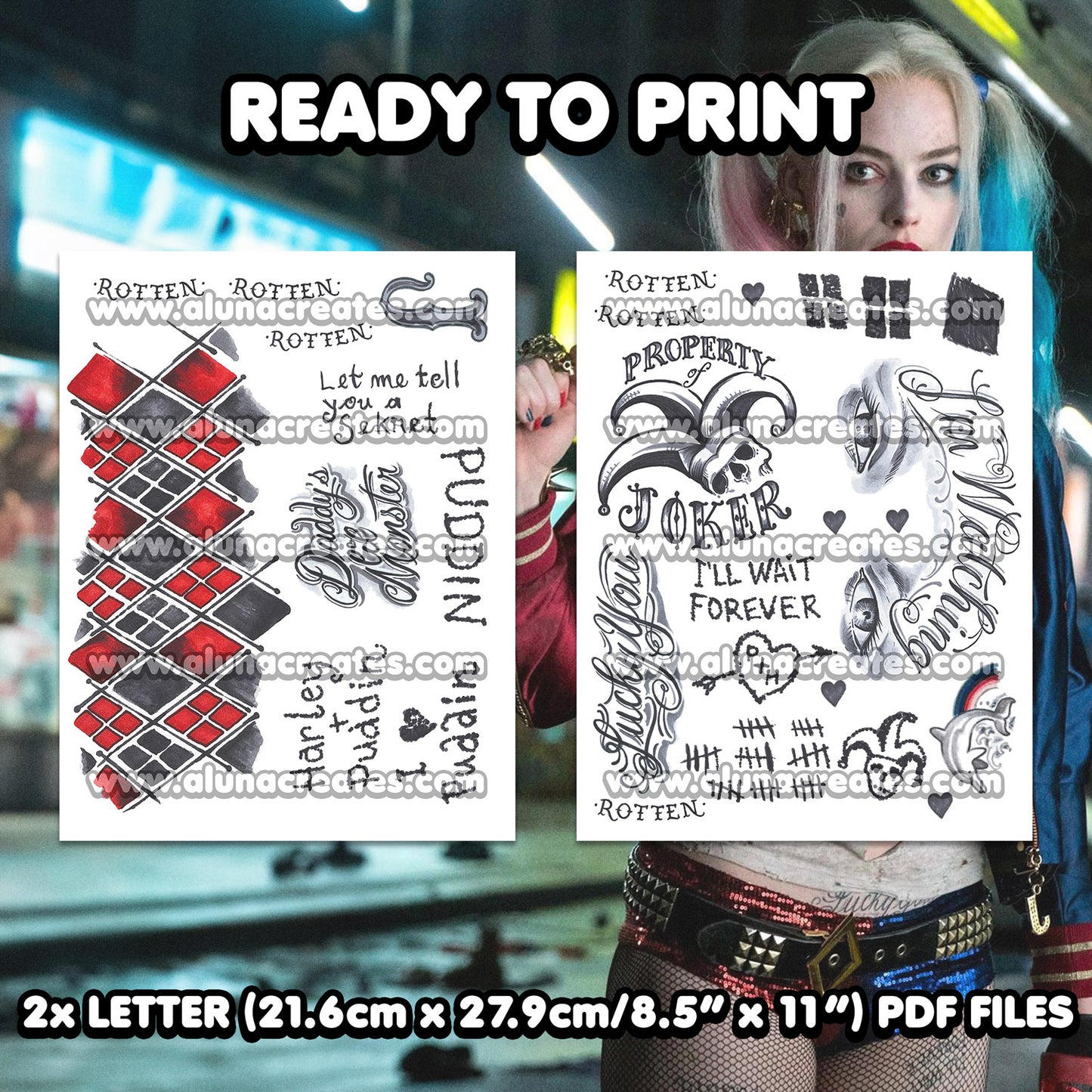 Harley Quinn (Classic) - Suicide Squad | READY TO PRINT .PDF TATTOOS | FULL SET - AlunaCreates