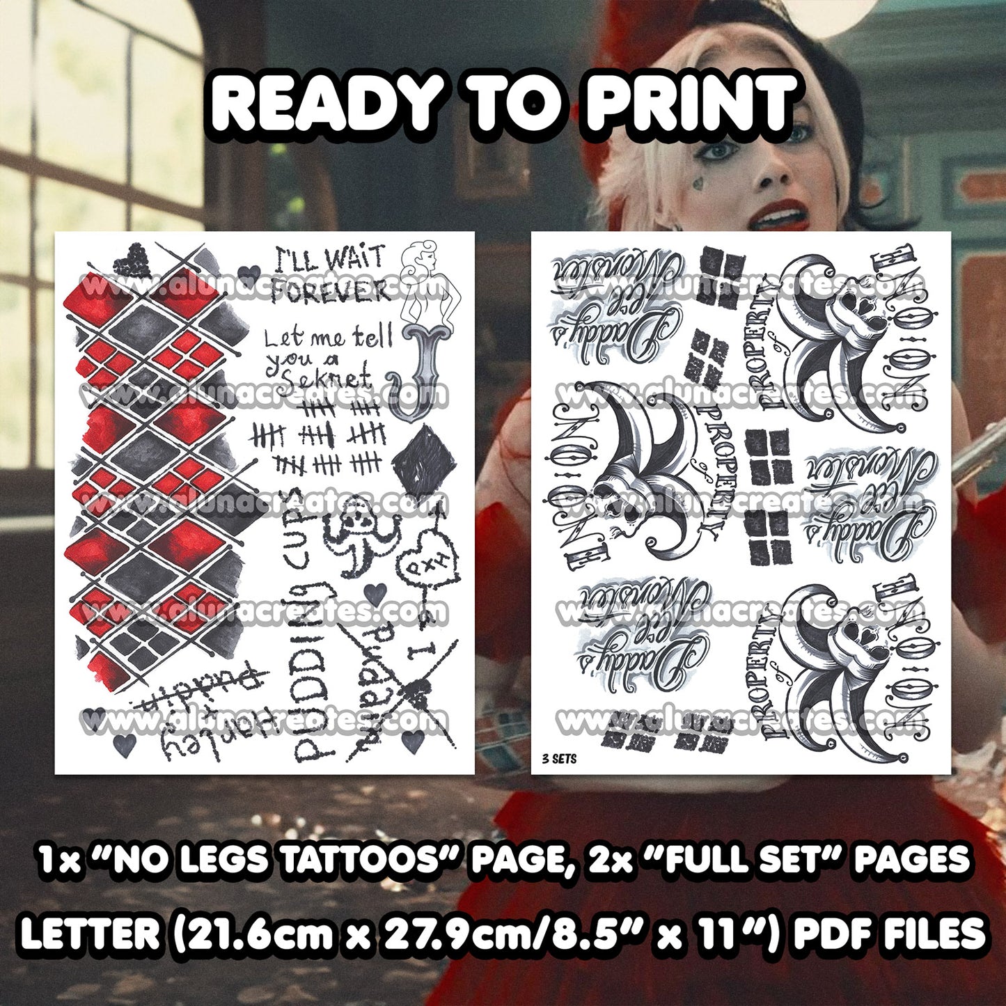 Harley Quinn (Red Dress) - The Suicide Squad | READY TO PRINT .PDF TATTOOS | FULL SET - AlunaCreates