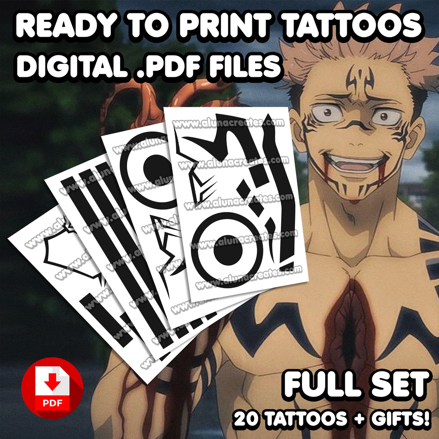 Ryomen Sukuna - Jujutsu Kaisen | READY TO PRINT .PDF TATTOOS | FULL SET - AlunaCreates