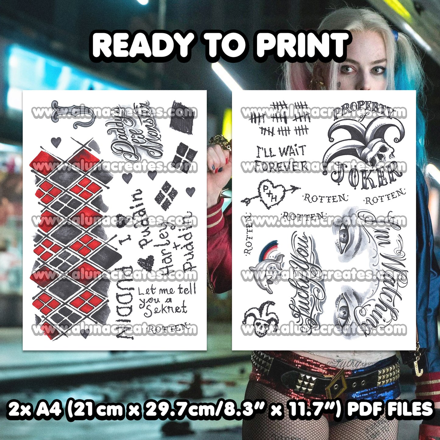 Harley Quinn (Classic) - Suicide Squad | READY TO PRINT .PDF TATTOOS | FULL SET - AlunaCreates