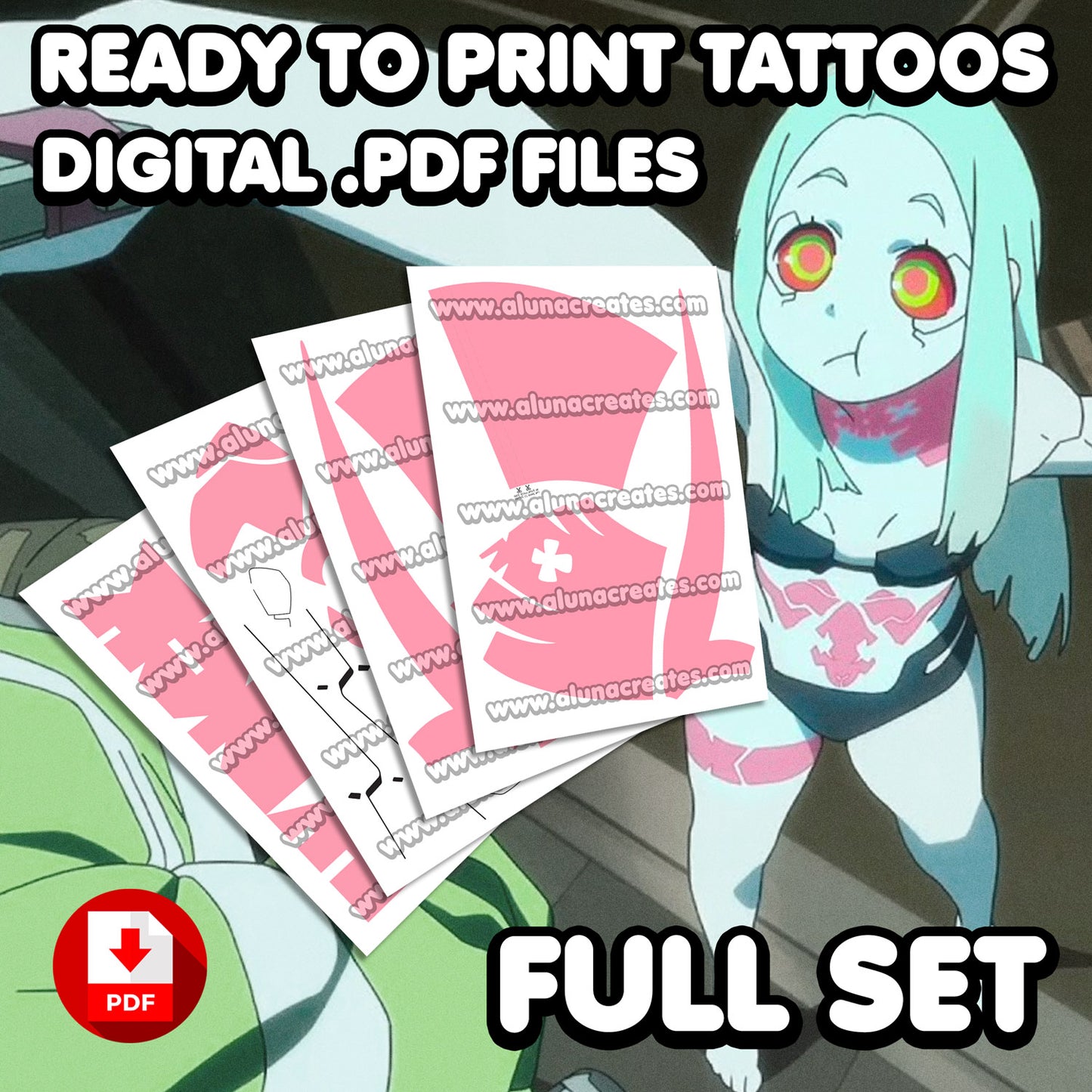 Rebecca - Cyberpunk: Edgerunners | READY TO PRINT .PDF TATTOOS | FULL SET - AlunaCreates