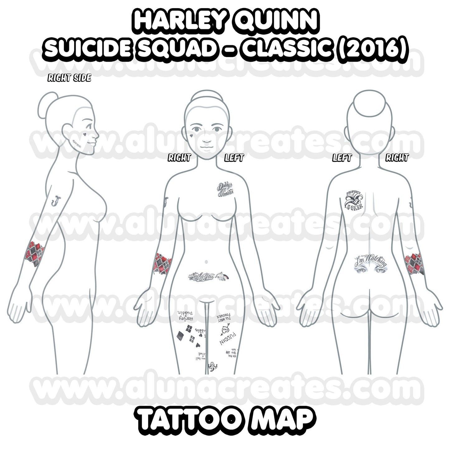 Harley Quinn (Classic) - Suicide Squad | READY TO PRINT .PDF TATTOOS | FULL SET - AlunaCreates