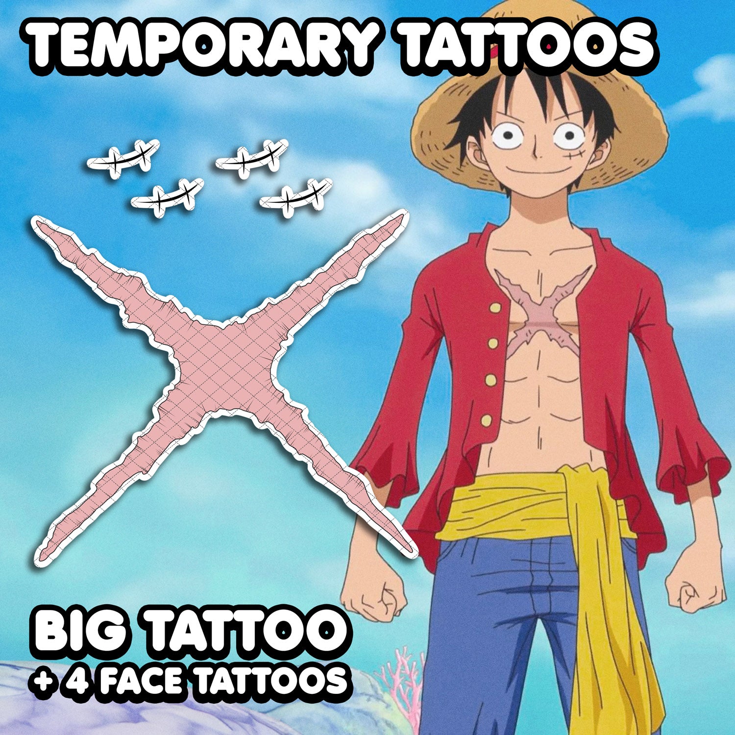 Monkey D. Luffy One Piece Temporary Tattoos FULL SIZE AlunaCre
