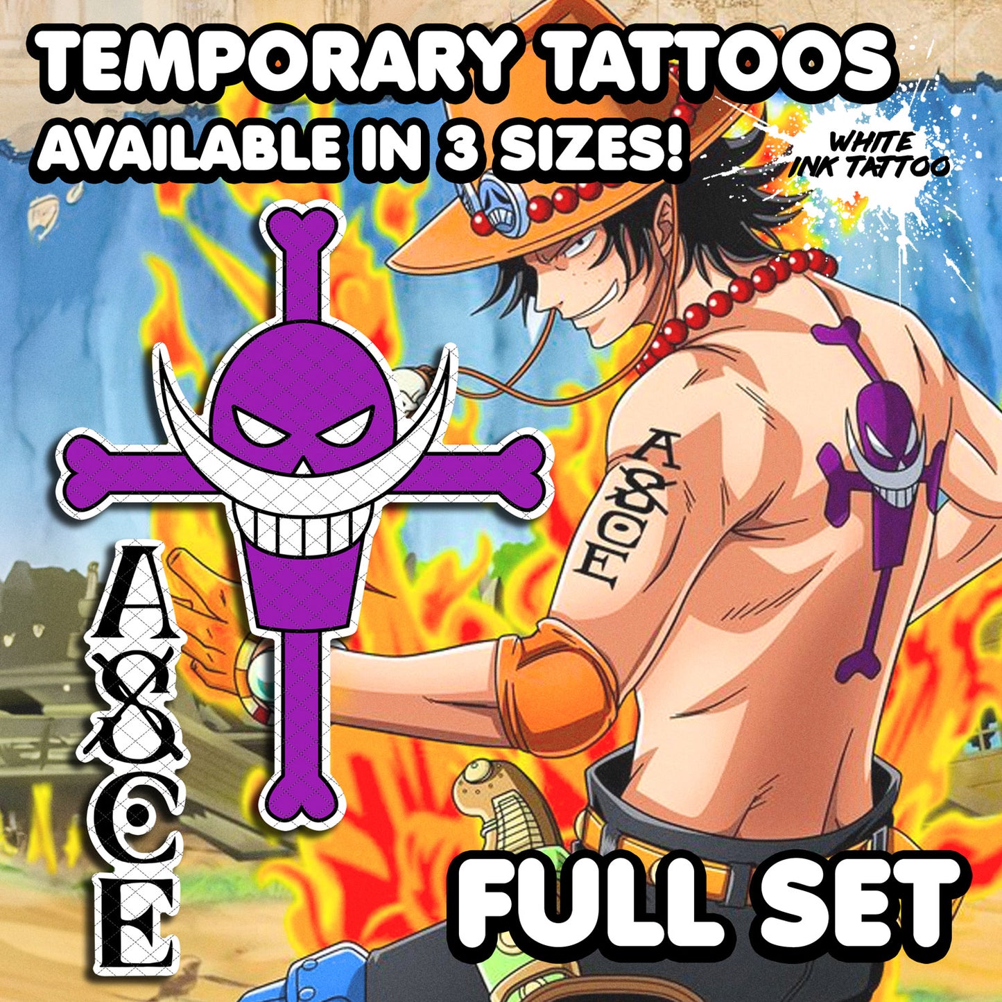 Portgas D. Ace - One Piece | Temporary Tattoos | FULL SET - AlunaCreates