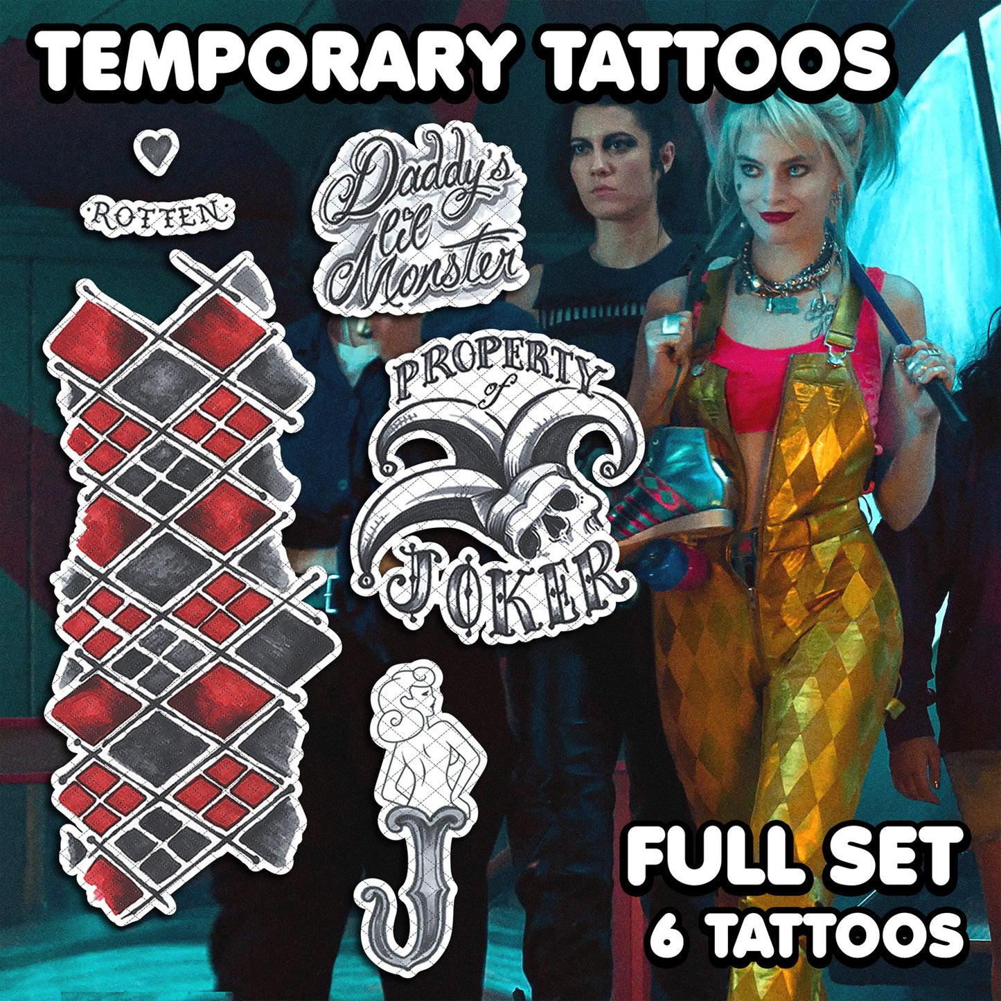 Harley Quinn (Gold) - Birds of Prey | Temporary Tattoos | FULL SET - AlunaCreates