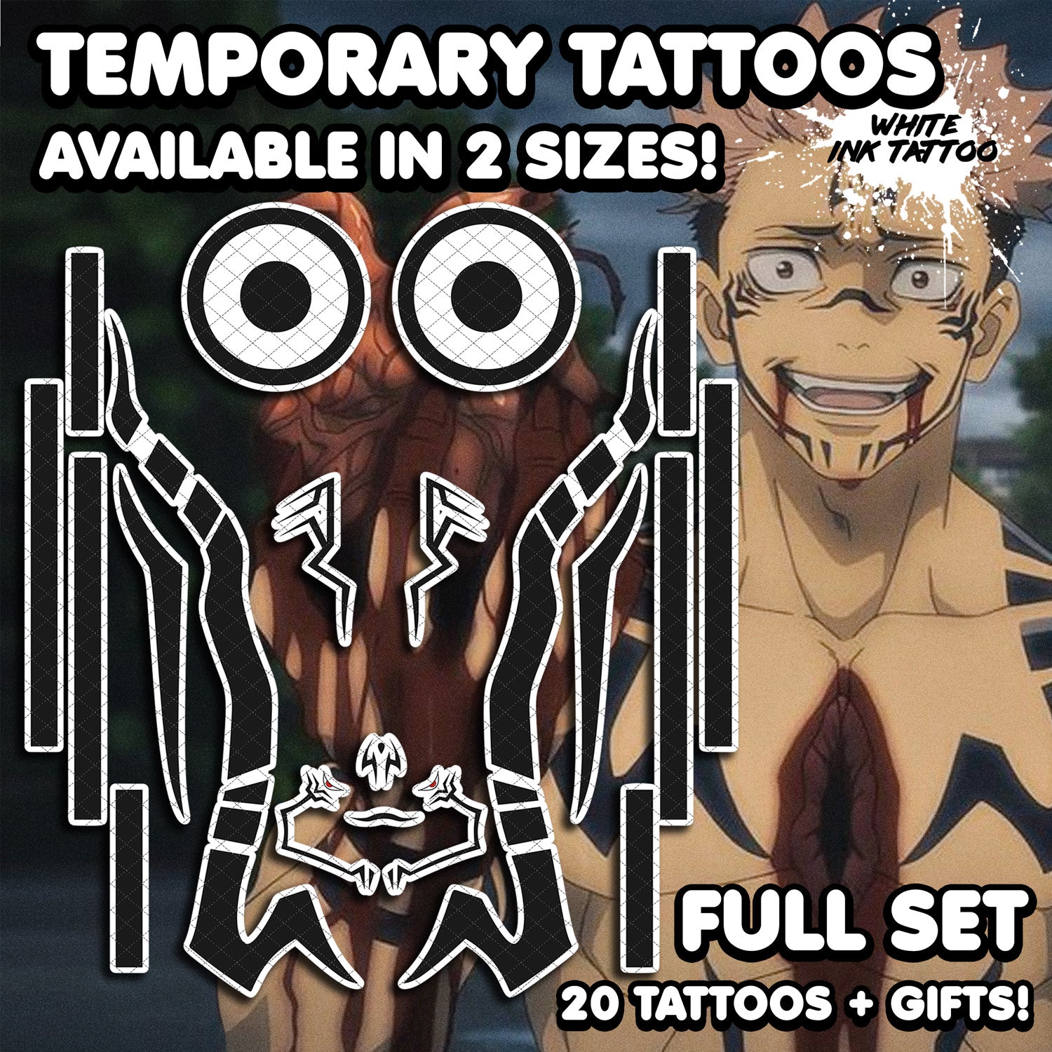 Ryomen Sukuna Jujutsu Kaisen Temporary Tattoos FULL SET AlunaC ryomen-sukuna-jujutsu-kaisen-temporary-tattoos-full-set-alunac