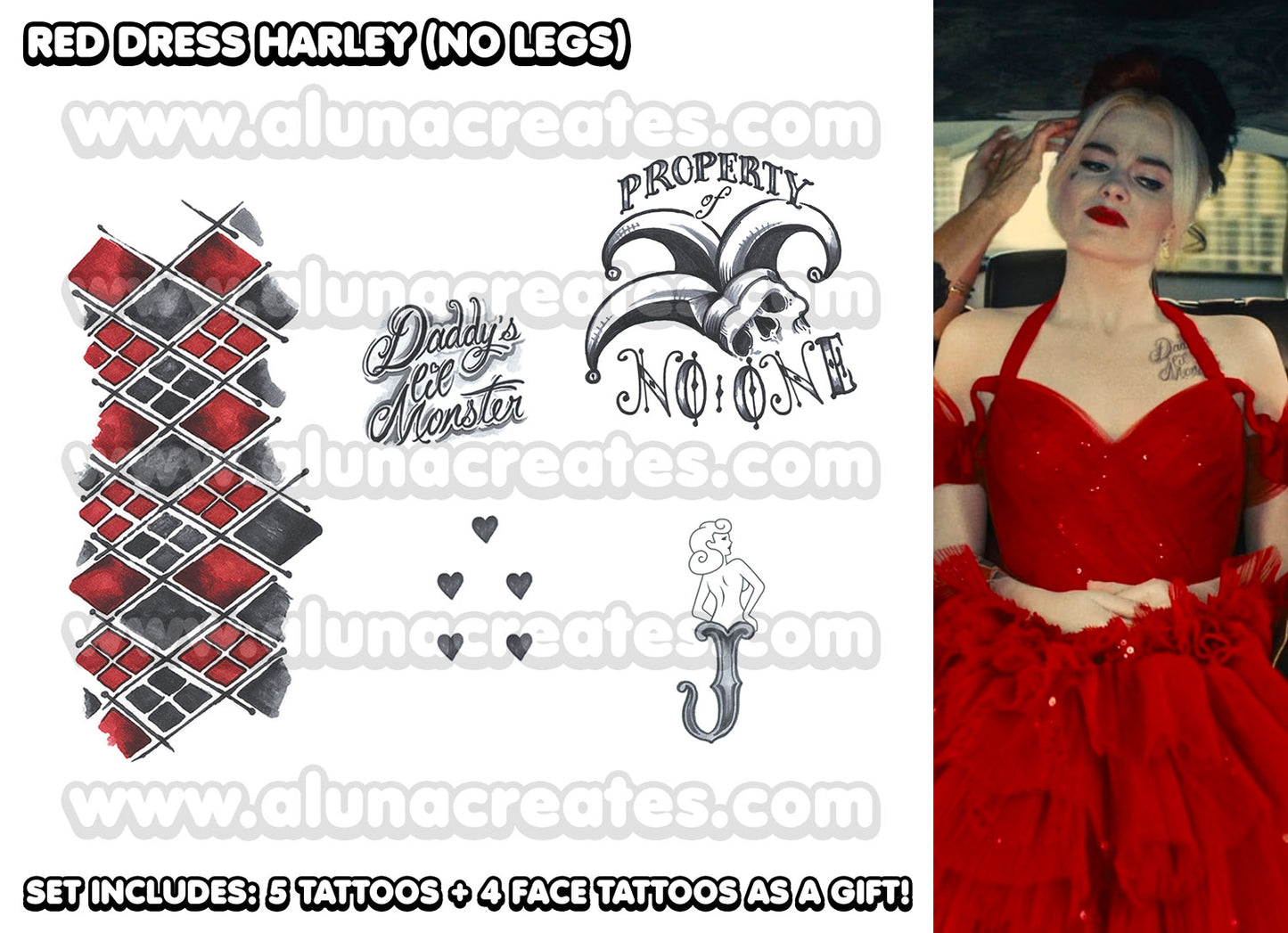 Harley Quinn (Red Dress) - The Suicide Squad | READY TO PRINT .PDF TATTOOS | FULL SET - AlunaCreates