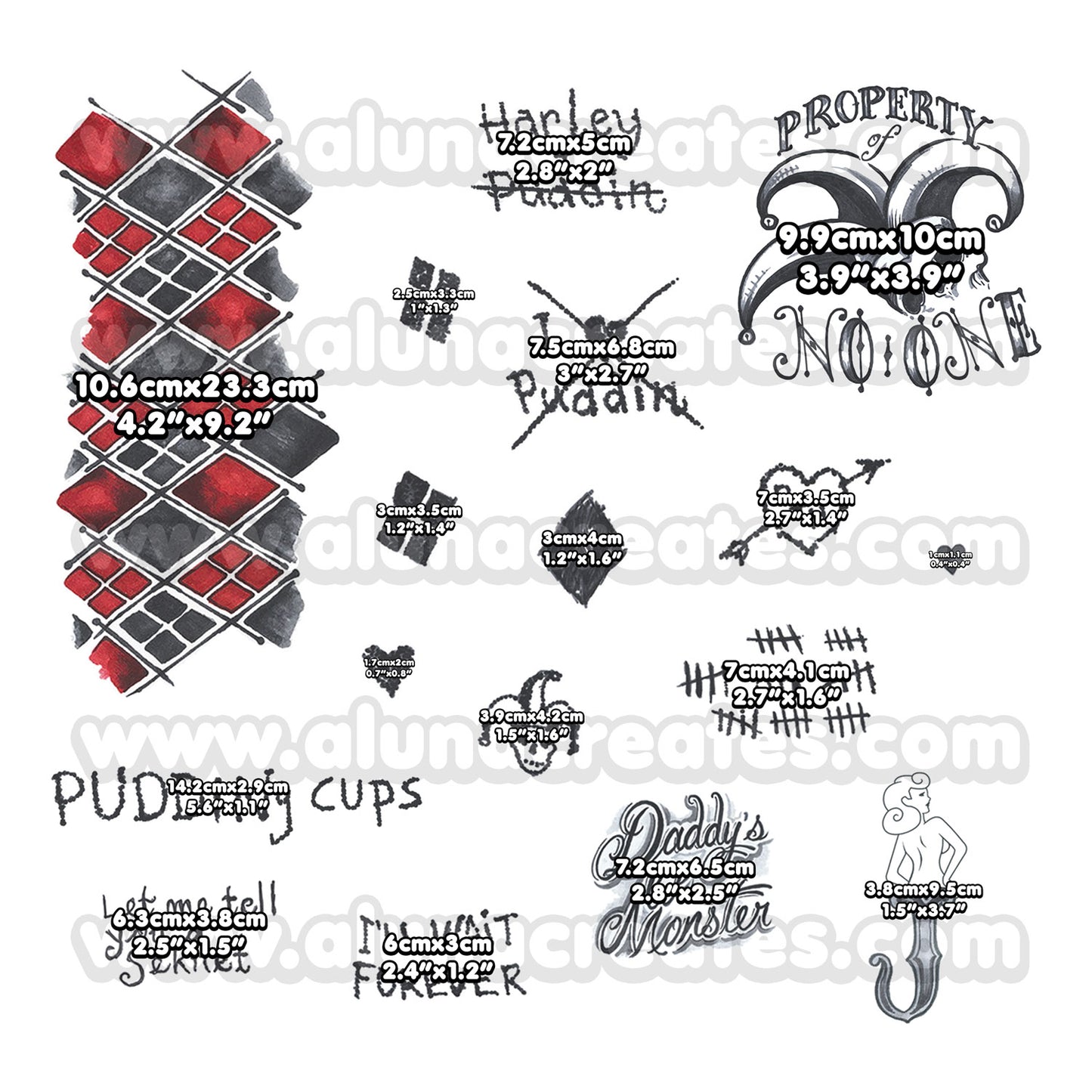 Harley Quinn (Red Dress) - The Suicide Squad | Temporary Tattoos | FULL SET - AlunaCreates