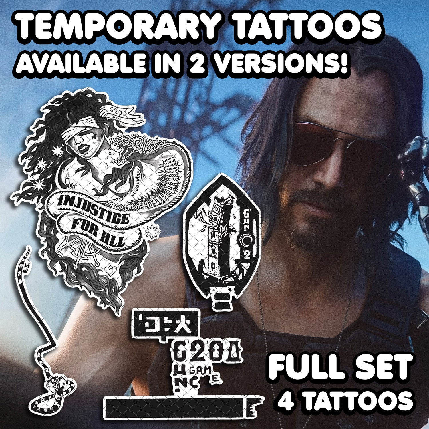 Johnny Silverhand Cyberpunk 2077 Temporary Tattoos FULL SET Al