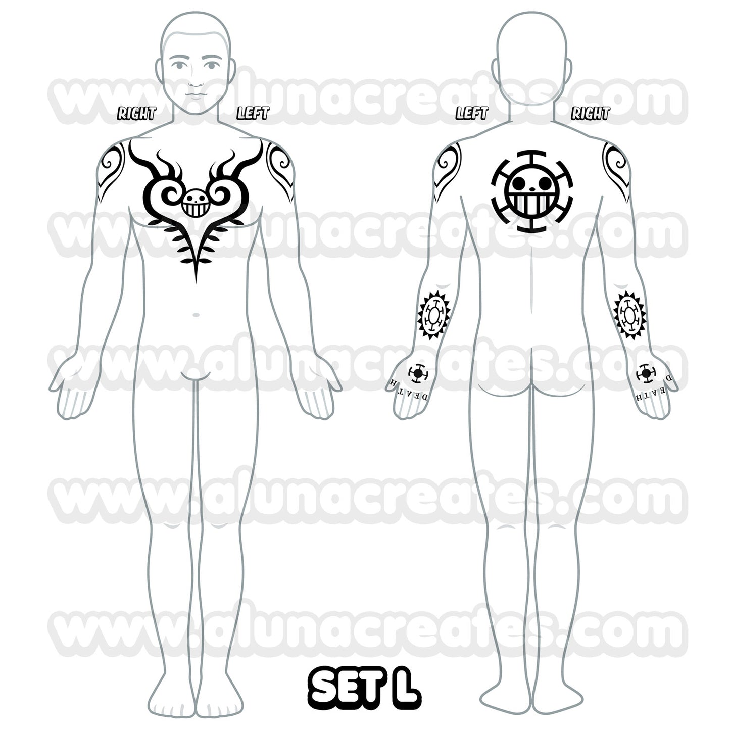 Trafalgar D. Ley de Aguas | Tatuajes Temporales | SET COMPLETO - AlunaCreates