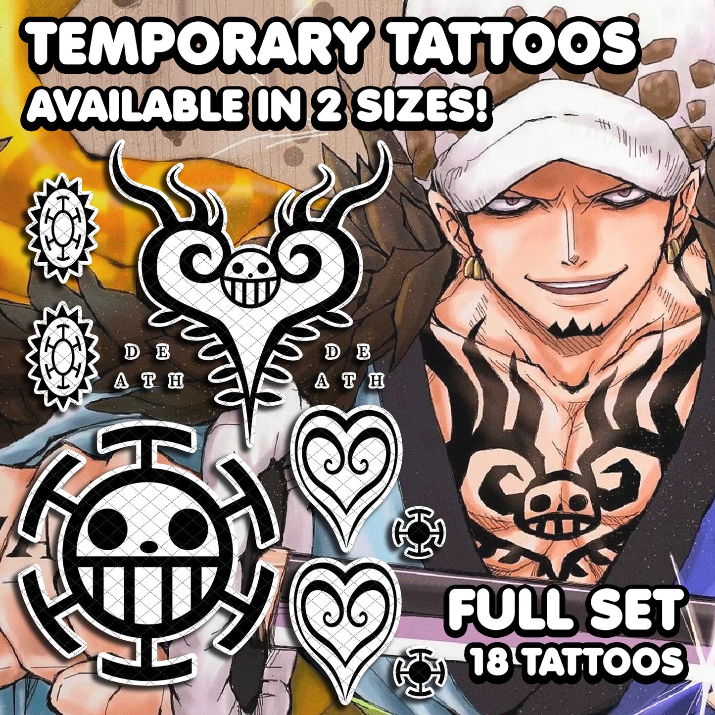 Trafalgar D. Ley de Aguas | Tatuajes Temporales | SET COMPLETO - AlunaCreates