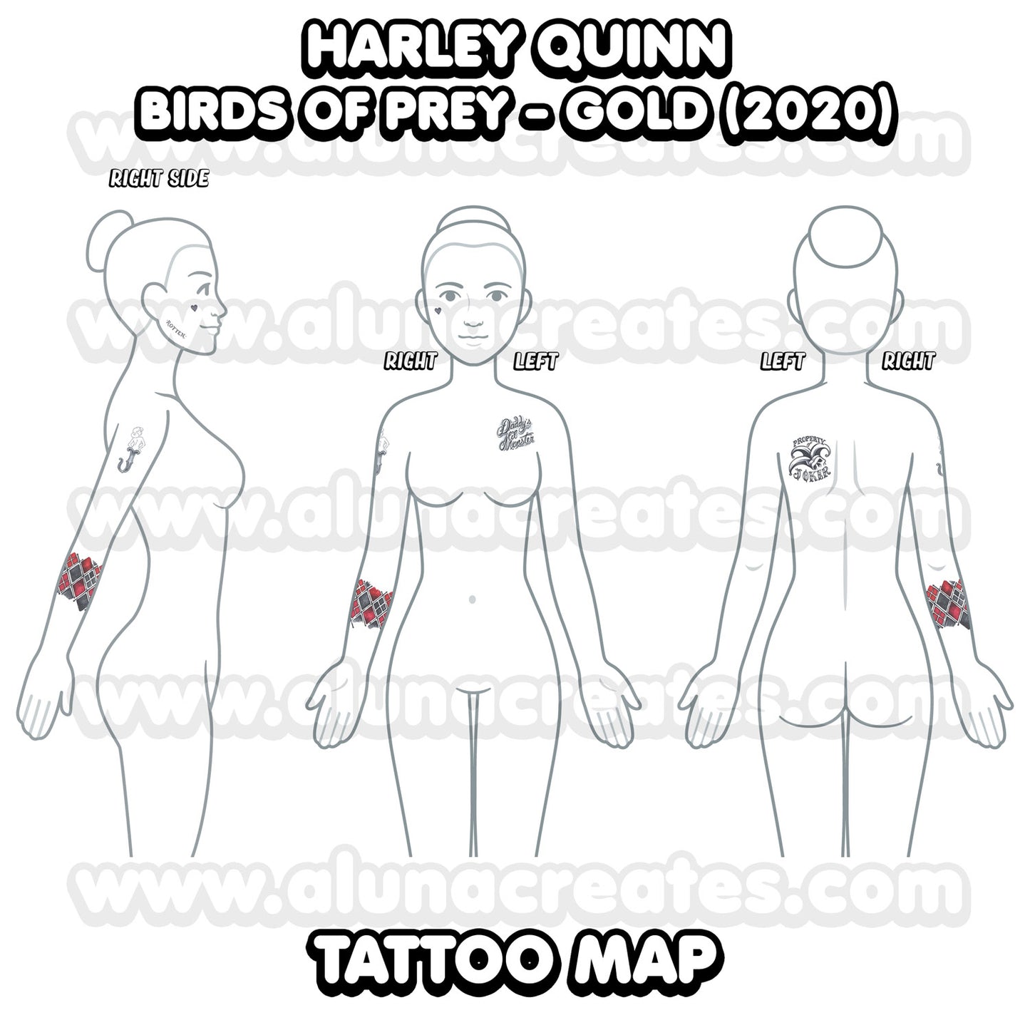 Harley Quinn (Gold) - Birds of Prey | Temporary Tattoos | FULL SET - AlunaCreates