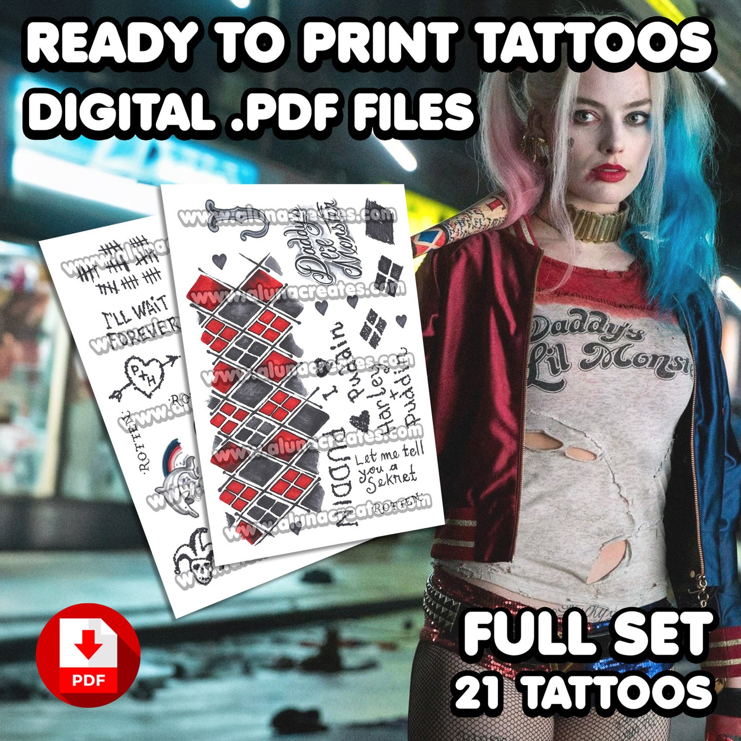 Harley Quinn (Classic) - Suicide Squad | READY TO PRINT .PDF TATTOOS | FULL SET - AlunaCreates