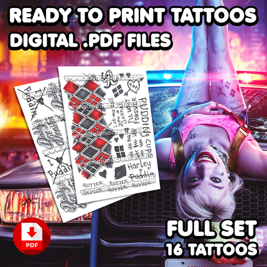 Harley Quinn - Birds of Prey | READY TO PRINT .PDF TATTOOS | FULL SET - AlunaCreates