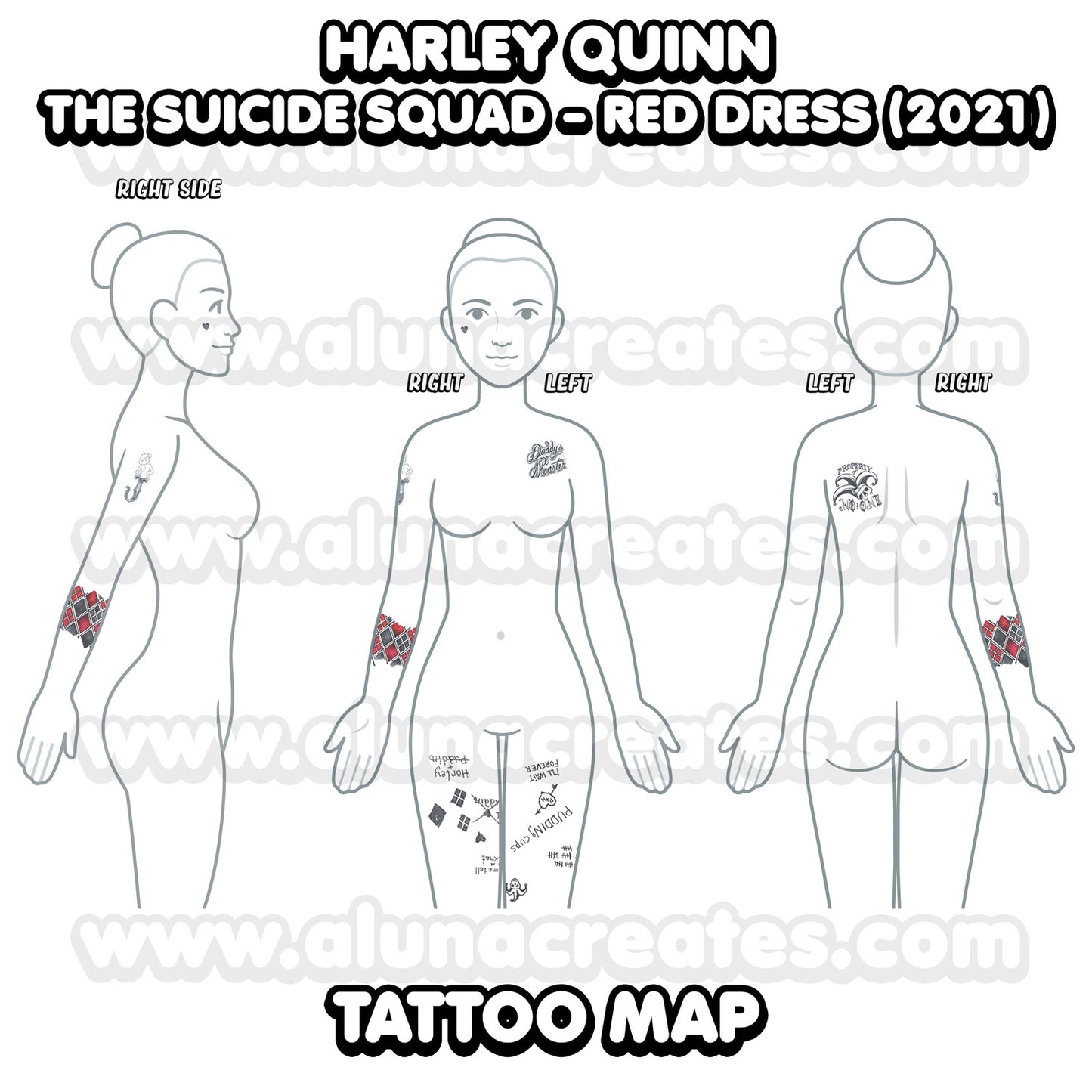 Harley Quinn (rotes Kleid)-Das Selbstmord kommando | BEREIT ZU DRUCKEN. PDF TATTOOS | VOLLSTÄNDIGES SET - AlunaCreates