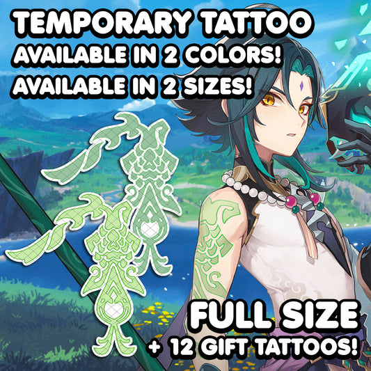 Exclusive temporary tattoo featuring Xiao’s arm symbol, the enigmatic and powerful character from Genshin Impact. Embrace the mystique and strength of Xiao with this intricately designed tattoo. A must-have for fans seeking to embody Xiao's determination and prowess. Get this premium temporary tattoo now and elevate your admiration for this iconic Genshin Impact character! Available in 2 colours and 2 sizes.