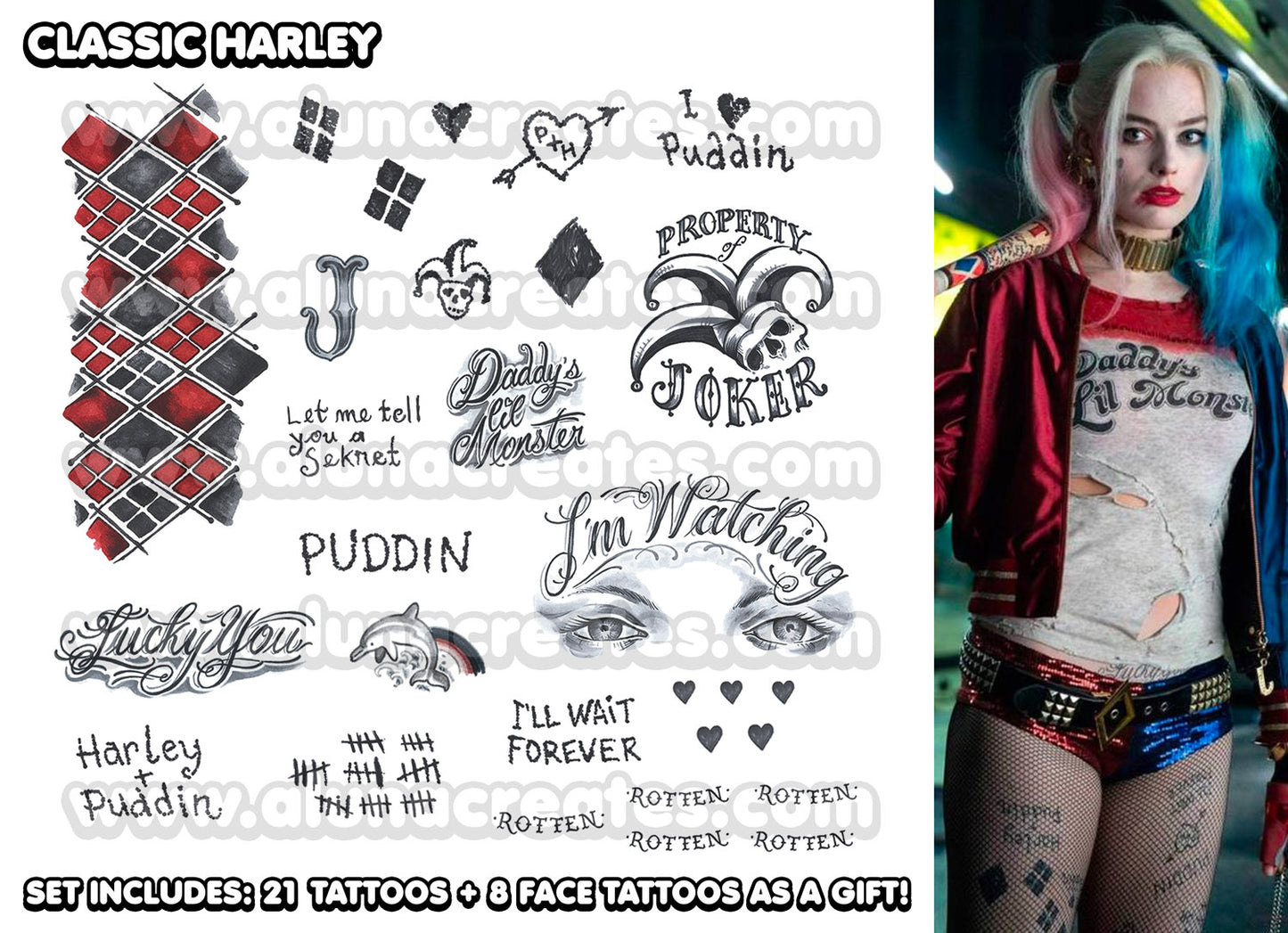 Harley Quinn (klassisch)-Selbstmord kommando | BEREIT ZU DRUCKEN. PDF TATTOOS | VOLLSTÄNDIGES SET - AlunaCreates