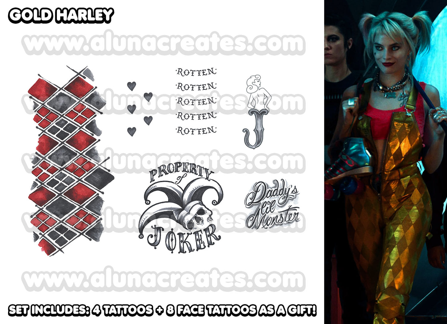 Harley Quinn (Gold) - Birds of Prey | READY TO PRINT .PDF TATTOOS | FULL SET - AlunaCreates
