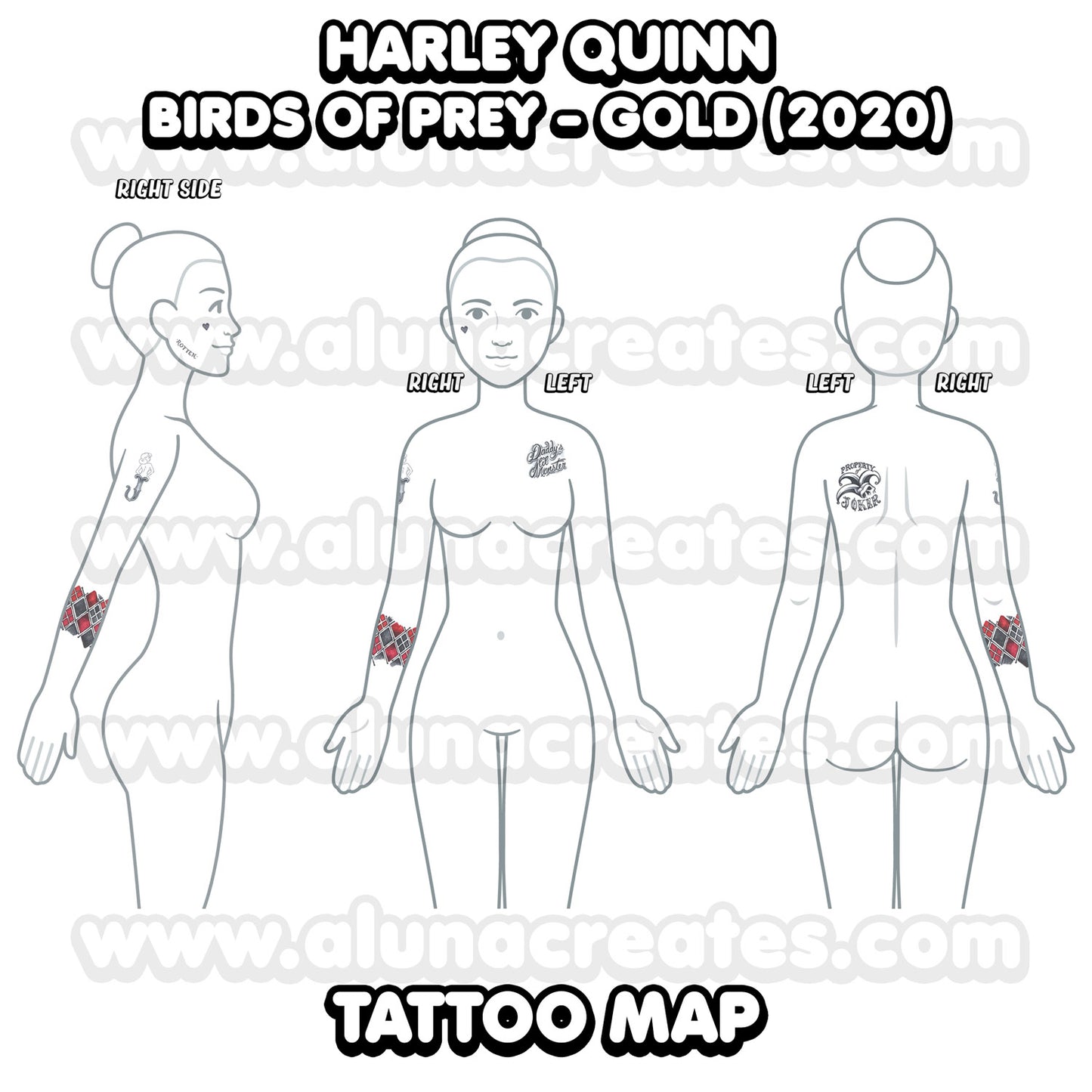 Harley Quinn (Gold) -Greifvögel | BEREIT ZU DRUCKEN. PDF TATTOOS | VOLLSTÄNDIGES SET - AlunaCreates
